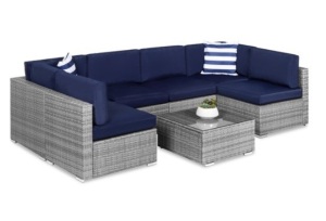 7-Piece Modular Wicker Sectional Conversation Set w/ 2 Pillows, Cover, Gray/Navy