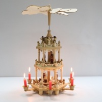PIONEER-EFFORT Christmas Wooden Pyramid 18",&nbsp;3 Tier Hand-Painted Nativity Figurines with Turning Wings,&nbsp;6 Candleholders - Appears New&nbsp;