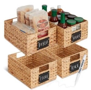 Set of 4 Water Hyacinth Pantry Baskets w/ Chalkboard, Marker - 12in