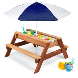 3-in-1 Kids Sand & Water Table Outdoor Wood Picnic Table w/ Umbrella, Navy