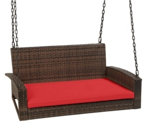 Woven Wicker Hanging Porch Swing Bench w/ Mounting Chains, Seat Cushion, Brown/Red