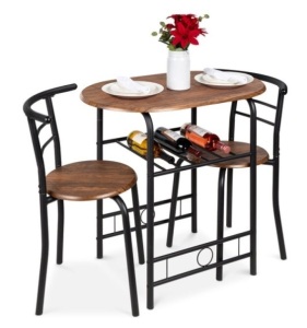 3-Piece Wooden Table & Chairs Dining Set w/ Lower Storage Shelf, Black/Brown