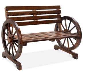 2-Person Rustic Wooden Wagon Wheel Bench w/ Slatted Seat and Backrest