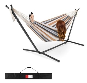 2-Person Brazilian-Style Double Hammock w/ Carrying Bag and Steel Stand, Desert Stripes