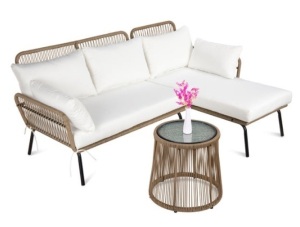 Rope Woven Sectional, L-Shape Sofa Set w/ Detachable Lounger, Table, White