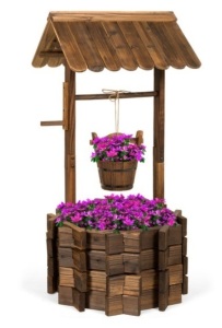 Rustic Wooden Wishing Well Planter Yard Decoration w/ Hanging Bucket