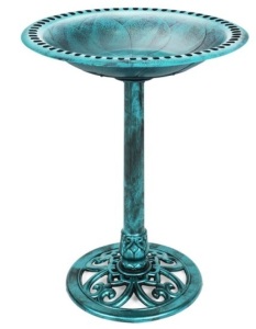 Vintage Outdoor Garden Bird Bath w/ Fleur-de-Lis Accents, Green