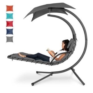 Hanging Curved Chaise Lounge Chair w/ Built-In Pillow, Removable Canopy, Charcoal Gray