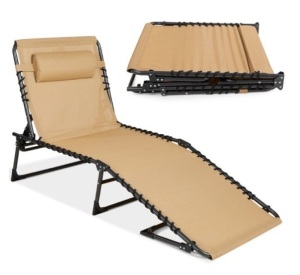 Portable Patio Chaise Lounge Chair Outdoor Recliner w/ Pillow, Tan