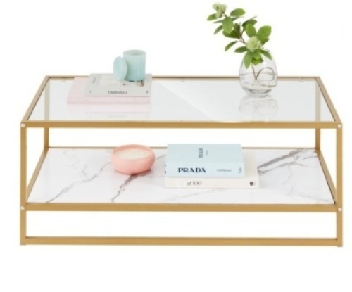 2-Tier Rectangular 2-in-1 Coffee Table w/ Glass & Faux Marble Top - 44in