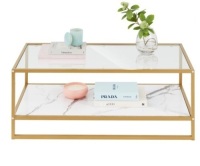 2-Tier Rectangular 2-in-1 Coffee Table w/ Glass & Faux Marble Top - 44in
