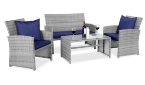 4-Piece Outdoor Wicker Conversation Patio Set w/ 4 Seats, Glass Table Top, Gray/Navy