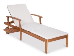 Adjustable Acacia Wood Chaise Lounge Chair w/ Side Table, Wheels - 79x26in, Cream