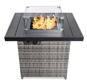 32in Fire Pit Table 50,000 BTU Wicker Propane w/ Wind Guard, Cover, Ash Gray