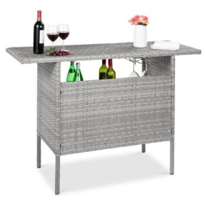 Outdoor Wicker Bar Counter Table w/ 2 Steel Shelves, 2 Rails, Gray