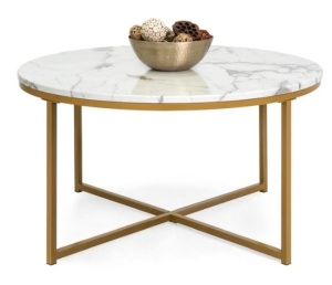 Round Coffee Table w/ Faux Marble Top, Metal Frame - 36in, Gold