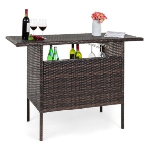 Outdoor Wicker Bar Counter Table w/ 2 Steel Shelves, 2 Rails, Brown