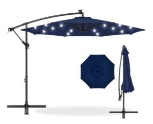 Solar LED Offset Hanging Patio Umbrella w/ Crank Tilt Adjustment - 10ft, Navy Blue