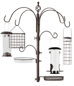 Bird Feeding Station, 6-Hook Steel Multi-Feeder Stand w/ 4 Feeders - 89in, Bronze