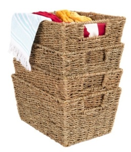 Set of 4 Seagrass Storage Tote Baskets, Laundry Organizer w/ Insert Handles, Natural