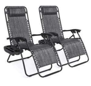 Set of 2 Adjustable Zero Gravity Patio Chair Recliners w/ Cup Holders, Gray