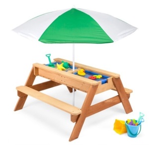 3-in-1 Kids Sand & Water Table Outdoor Wood Picnic Table w/ Umbrella, Green