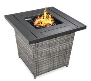 28in Fire Pit Table 50,000 BTU Wicker Propane w/ Faux Wood Tabletop, Cover, Gray