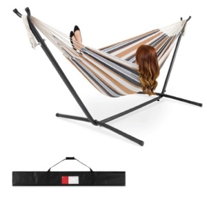 2-Person Brazilian-Style Double Hammock w/ Carrying Bag and Steel Stand, Desert Stripes