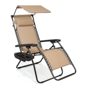 Folding Zero Gravity Recliner Patio Lounge Chair w/ Canopy, Side Tray, Beige, Appears New