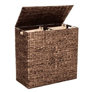 Extra Large Water Hyacinth Double Laundry Hamper Basket w/ 2 Liner Bags, Espresso, Appears New