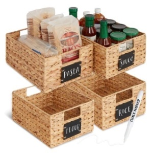 Set of 4 Water Hyacinth Pantry Baskets w/ Chalkboard, Marker, 12in, Appears New