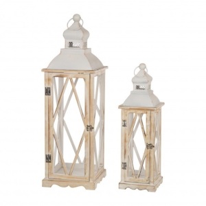 Glitzhome Farmhouse White Wood Metal Lanterns Decorative Hanging Candle Lanterns Set of 2 - Appears New 