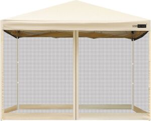 VIVOHOME 210D Oxford Outdoor Easy Pop Up Canopy Screen Party Tent with Mesh Side Walls Beige 8 x 8 Feet 
