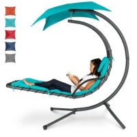 Hanging Curved Chaise Lounge Chair w/ Built-In Pillow, Removable Canopy, Blue