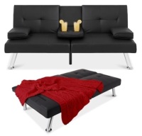 Faux Leather Upholstered Convertible Sofa Bed Futon w/ 2 Cupholders, Black