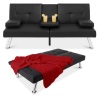 Faux Leather Upholstered Convertible Sofa Bed Futon w/ 2 Cupholders, Black