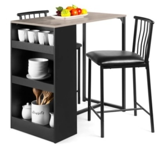 3-Piece Counter Height Kitchen Dining Table Set w/ Storage Shelves, Gray