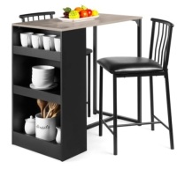 3-Piece Counter Height Kitchen Dining Table Set w/ Storage Shelves, Gray