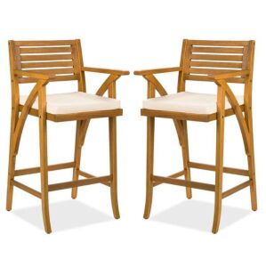 Set of 2 Outdoor Acacia Wood Bar Stools Chairs w/ Weather-Resistant Cushions