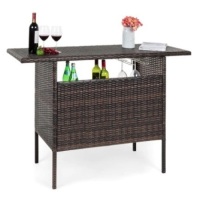 Outdoor Wicker Bar Counter Table w/ 2 Steel Shelves, 2 Rails, Brown, Appears New