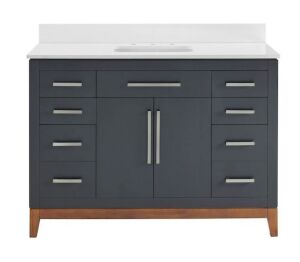 Allen + Roth Wells 48-in Dark Gray with Walnut Base Undermount Single Sink Bathroom Vanity with White Engineered Stone Top - Damage to Back Leg