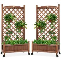 Set of 2 Wood Planter Box & Lattice Trellis w/ Optional Wheels - 48in