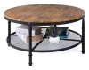 2-Tier Round Industrial Wood & Steel Coffee Table, Storage Shelves - 35.5in, Brown