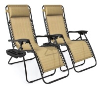 Set of 2 Adjustable Zero Gravity Patio Chair Recliners w/ Cup Holders, Beige