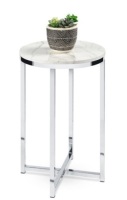 Round Coffee Side Table w/ Faux Marble Top, Metal Frame - 16in, White/Chrome
