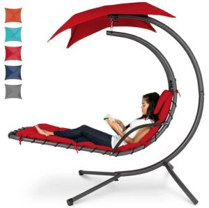 Hanging Curved Chaise Lounge Chair w/ Built-In Pillow, Removable Canopy