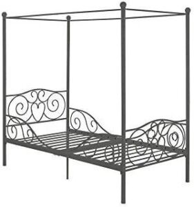 DHP Metal Canopy Kids Platform Bed with Four Poster Design, Scrollwork Headboard and Footboard, Underbed Storage Space, No Box Sring Needed, Twin, Pewter 