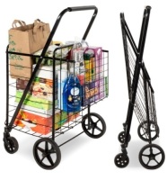 Folding Steel Grocery Cart w/ Double Basket, Swivel Wheels, 220lb Cap