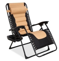 Oversized Padded Zero Gravity Chair, Folding Recliner w/ Headrest, Side Tray, Tan/Black