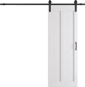 TENONER Sliding Barn Door Hardware Kit Solid MDF & Wood Top Mount Single Rail V Frame Needed to be Assembled – White 30 inch 